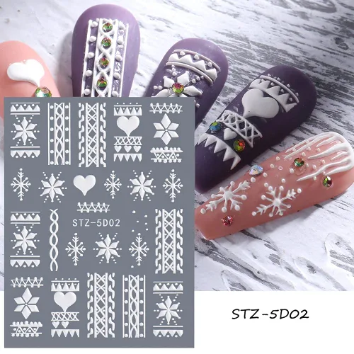 Miniatura 3 de Calcomanías de arte de uñas de copo de nieve, 5D en relieve, Navidad, blanco, 4 hojas (copos de nieve A)