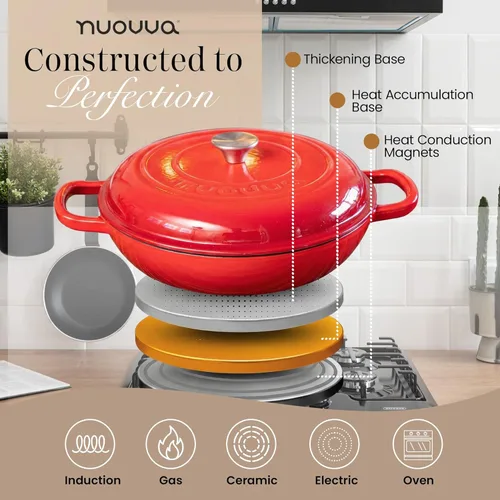 Miniatura 5 de Cacerola poco profunda de hierro fundido con tapa – Olla de horno holandés antiadherente, apta para horno hasta 500° F – Ollas de cocina resistentes