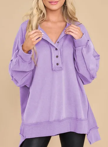 Miniatura 8 de AlvaQ - Sudadera de gran tamaño para mujer, informal, de manga larga, con botones y cuello Henley, tipo túnica