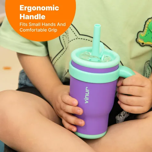 Miniatura 7 de VINUR Vaso para niños con asa - 14 oz de acero inoxidable con aislamiento al vacío de doble pared con tapa y pajita, vaso de agua de viaje