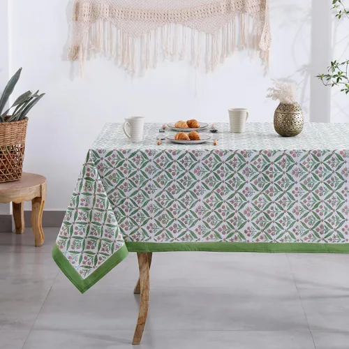 Miniatura 23 de Labhanshi Mantel rectangular de 6 plazas de algodón prelavado con estampado indio a mano, 60 x 90 pulgadas, diseño floral de algodón prelavado