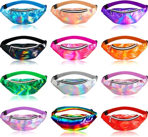 Riñonera holográfica de 12 piezas para mujeres y niños cintura deportiva de color metálico cintura brillante con cinturones ajustables para
