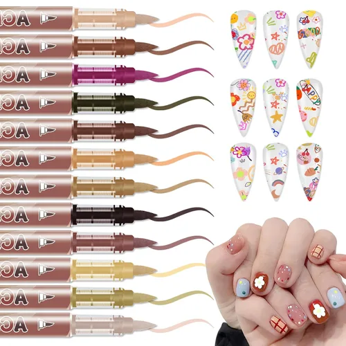 Miniatura 19 de IONSGAKO Juego de bolígrafos de arte de uñas de 12 colores, bolígrafos de esmalte de uñas, bolígrafo de dibujo de arte de uñas, secado rápido