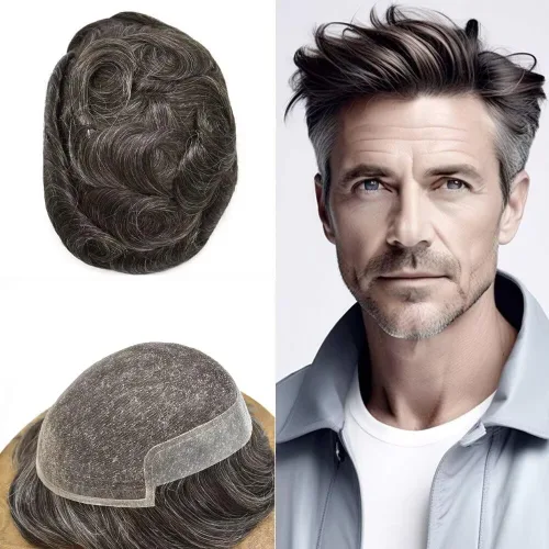 Miniatura 22 de FACE MIRACLE - Tupé frontal de encaje francés para hombres, sistema de reemplazo de cabello humano de encaje con pieza de pelo de poliuretano