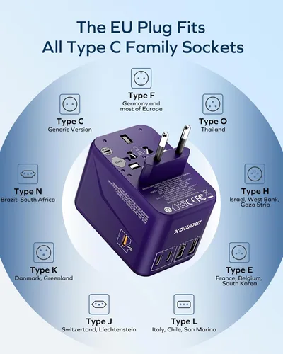 Miniatura 6 de MOMAX Adaptador de viaje universal 6 en 1, adaptador de corriente internacional GaN 70W, 3 cargas rápidas USB-C PD y 2 USB-A QC, 1 AC, adaptador