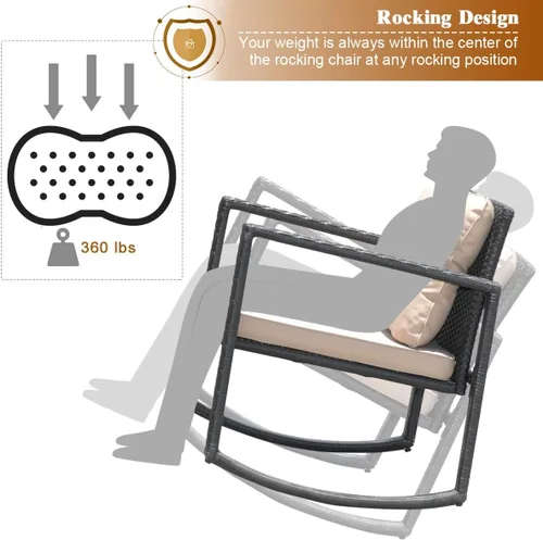 Miniatura 8 de Tangkula Juego de 3 mecedoras de mimbre para patio, mecedoras al aire libre y mesa con cojines, mesa de centro de cristal con estante de Beige