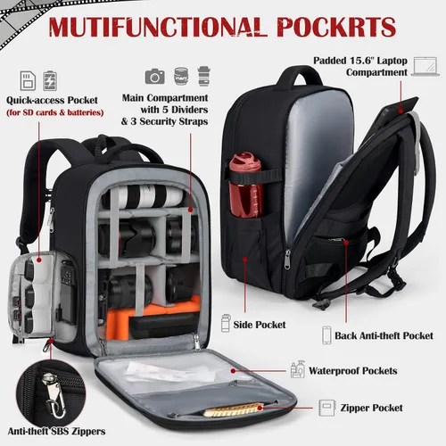 Miniatura 2 de SDYSM Mochila para cámara, funda rígida para cámara DSLR/SLR con bolsa para lentes y compartimento para portátil de 15.6" Estuche impermeable