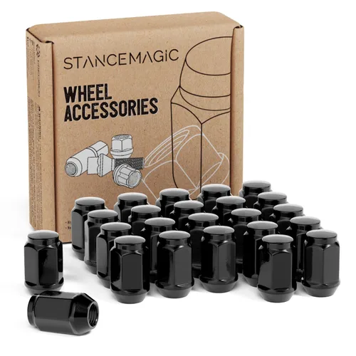 StanceMagic 24 tuercas de extremo cerrado, roscas de 1/2 x 20, asiento cónico, se instala con enchufe hexagonal de 3/4 de pulgada de 0.748 in, Negro