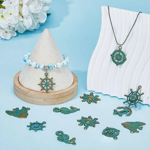Miniatura 5 de SUPERFINDINGS Colgantes de aleación con temática oceánica, 42 piezas, 7 estilos, pátina verde, caballito de mar, brújula, colgante, colgante de pez
