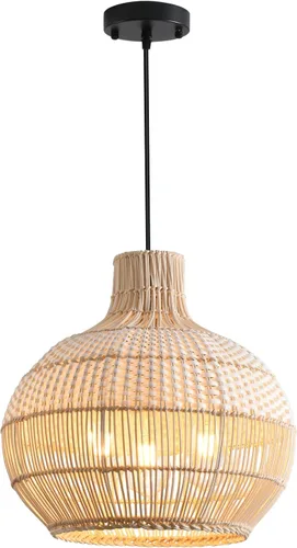 Miniatura 10 de Lámpara Colgante de Ratán 1 Paquete Candelabro de Cesta de Ratán Sintético Negro Blanco 11.8" Boho Tejido a Mano Ovalado de Mimbre Lámpara Colgante