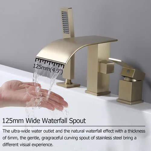 Miniatura 5 de Grifo de bañera romana tipo cascada con ducha de mano, grifo llenador de bañera de montaje en cubierta con rociador, juego de grifería de ducha