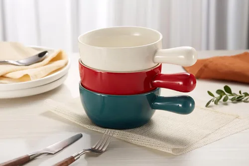 Miniatura 3 de Kook Cuencos de sopa de cebolla francesa, cuencos de cerámica apilables con asas, aptos para horno, microondas y lavavajillas, para cereales, sopas