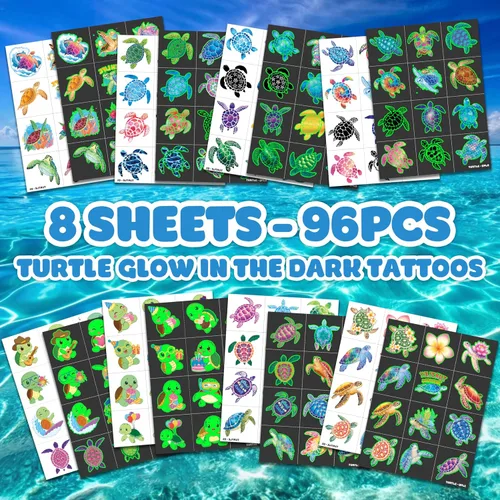 Miniatura 3 de 96 tatuajes temporales precortados de tortugas luminosas que brillan en la oscuridad para niños Suministros de decoración súper lindos
