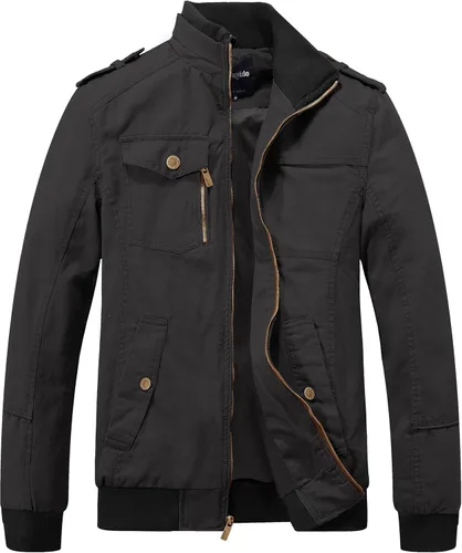 Miniatura 8 de Wantdo Chaqueta militar para hombre, chaqueta bomber casual, cuello alto, chaqueta de lona cortavientos