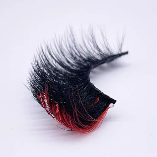Miniatura 5 de Pestañas postizas negras con reflejos rojos, 1 par de pestañas de tira voluminosa con purpurina para un aspecto dramático, color rojo en el extremo