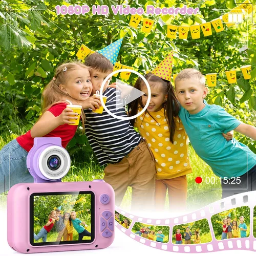 Miniatura 5 de Cámara para niños con lente giratoria de 180° para selfie y video, cámaras de video digitales HD para niños pequeños con tarjeta SD de 32 GB, ideal