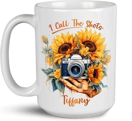 Taza de café personalizada de girasoles y cámara con nombre del fotógrafo, taza de té blanca con cámara personalizada, regalo para amantes de la
