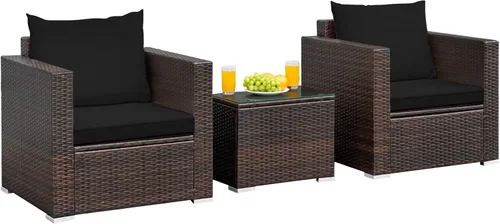 RELAX4LIFE Juego de sofá de mimbre de 3 piezas, juego de sofá de ratán para patio al aire libre con cojines lavables y mesa de centro de vidrio