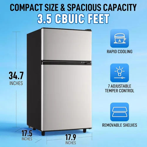 Miniatura 6 de WANAI - Refrigerador miniatura con congelador, 3.5 pies cúbicos, 2 puertas, pequeño refrigerador con características de control mecánico de 7