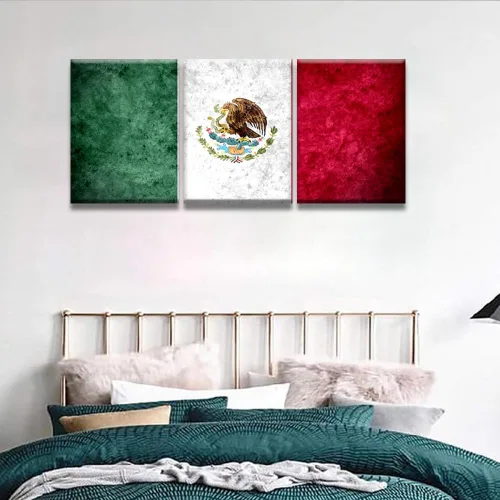 Miniatura 5 de Arte de pared con bandera de México para sala de estar, pintura de pared con textura envejecida y colorida de la bandera de México, 3 piezas