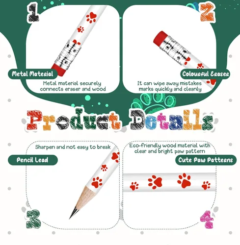 Miniatura 3 de Weecent 100 lápices de huellas de patas, lápices de patrulla canina para niños, lápices de madera para escribir novedad con borradores, recuerdos