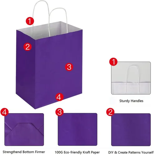 Miniatura 3 de Oikss - Paquete de 50 bolsas de papel kraft púrpura mediano de 8" x 4.75" x 10", con asas a granel, para cumpleaños, bodas, fiestas, compras al por