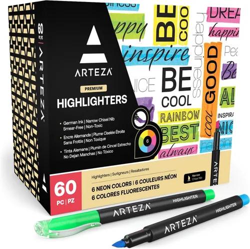 ARTEZA Resaltadores – Juego de 60 colores neón surtidos con puntas de cincel estrechas, tinta de secado rápido para la escuela, oficina, diario y