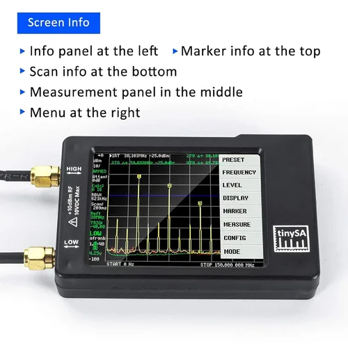 Miniatura 7 de Analizador portátil de espectro TinySA, AURSINC V0.3.1 Analizador de frecuencia portátil, Generador de señal 100kHz a 960MHz Entrada MF/HF/VHF UHF