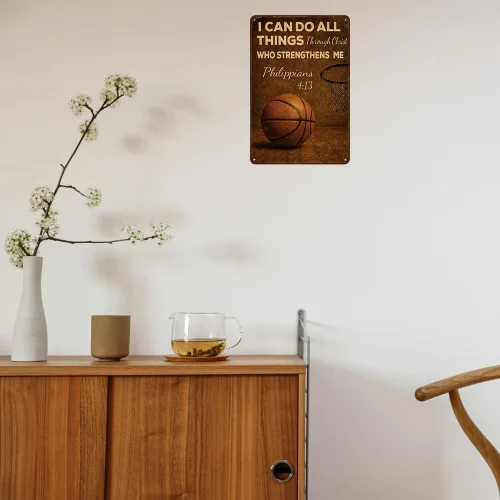 Miniatura 4 de Letrero decorativo de baloncesto "Puedo hacer todas las cosas a través de Cristo", letrero de baloncesto vintage de metal para pared, arte de pared