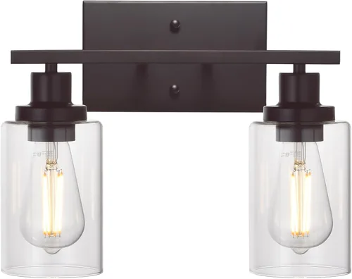 MELUCEE Iluminación Industrial de Baño de 2 Luces, Bronce Frotado con Aceite con Pantalla de Vidrio Transparente, Accesorios de Iluminación para
