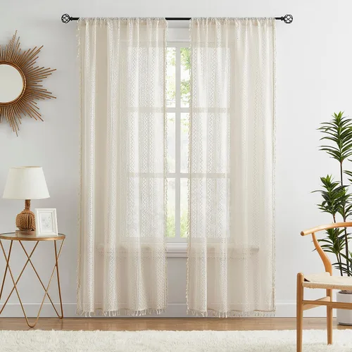 Miniatura 10 de ZJDECOR Cortinas traslúcidas de encaje bohemio de 54 pulgadas de largo, juego de 2 paneles de cortinas con patrón geométrico rústico beige