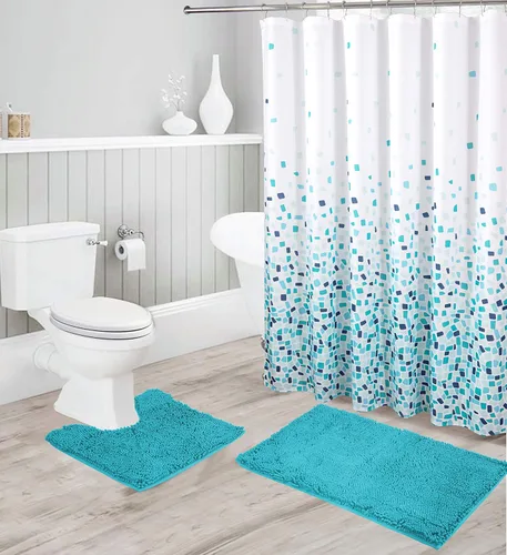 Miniatura 6 de Linen Plus - Juego de baño que incluye tapete de baño de felpilla suave antideslizante, tapete de contorno, cortina de ducha y ganchos de acero
