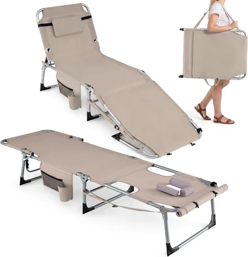 Miniatura 13 de Giantex Silla bronceadora, silla de playa de 330 libras con 5 posiciones ajustables, agujero para cara y brazo, correa para manos/hombros, almohada