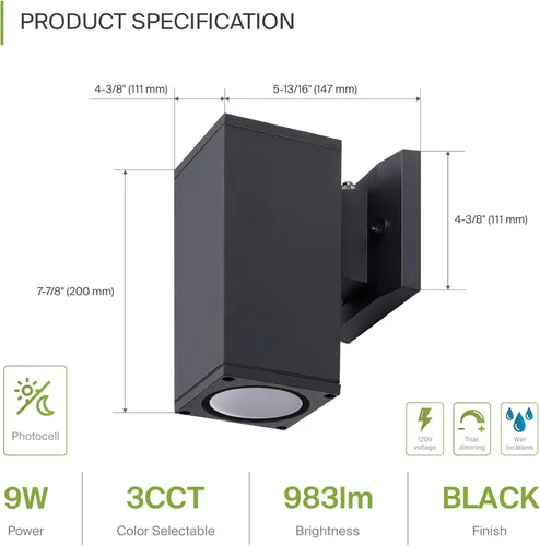 Miniatura 2 de ASD Lámpara de pared LED cuadrada de 1 luz para exteriores del anochecer al amanecer, 9 W, 1000 lúmenes, 3000 K-5000 K, 120 V, cilíndrica hacia