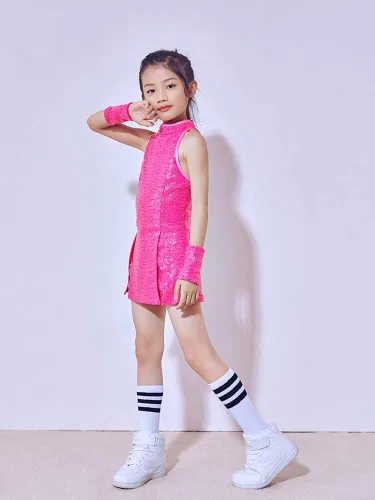 Miniatura 7 de LOLANTA Vestido de baile de lentejuelas para niñas de 4 a 12 años, traje de baile de hip hop, sin mangas y pantalones cortos
