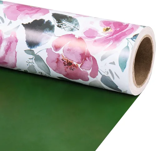 Miniatura 20 de RUSPEPA Papel de regalo reversible floral para niñas y mujeres, mini rollo, acuarela azul floral y azul sólido papel de regalo para cumpleaños, Rosa
