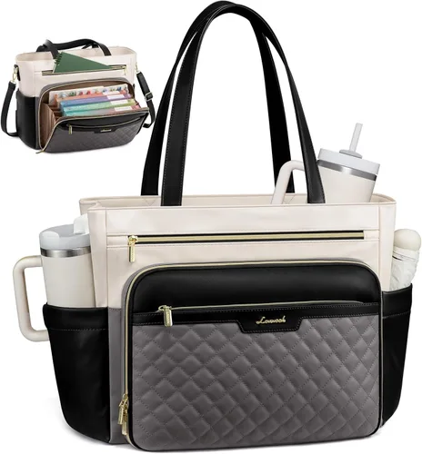 Miniatura 8 de LOVEVOOK: bolsa de mano para profesores con bolsillo de acordeón, maletín de trabajo de cuero PU suave acolchado, bolsa para laptop con portavasos