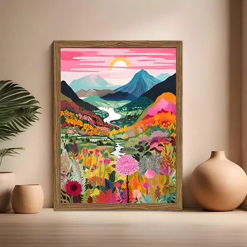 Miniatura 6 de Juego de 3 piezas de arte de pared de montaña colorida boho, pinturas abstractas de paisaje de flores de acuarela, pósters modernos de naturaleza