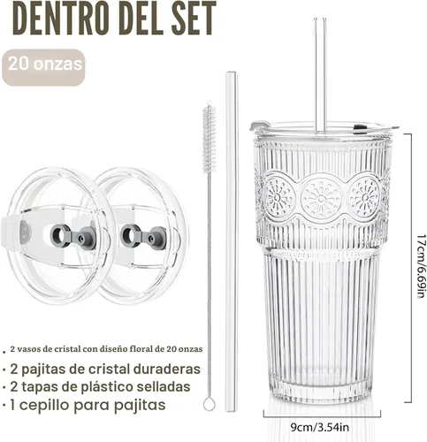 Miniatura 3 de SoulTimes Juego de 2 vasos de vidrio acanalados y florales de 20 onzas, vasos de vidrio reutilizables con tapa y popote de vidrio, tazas de café