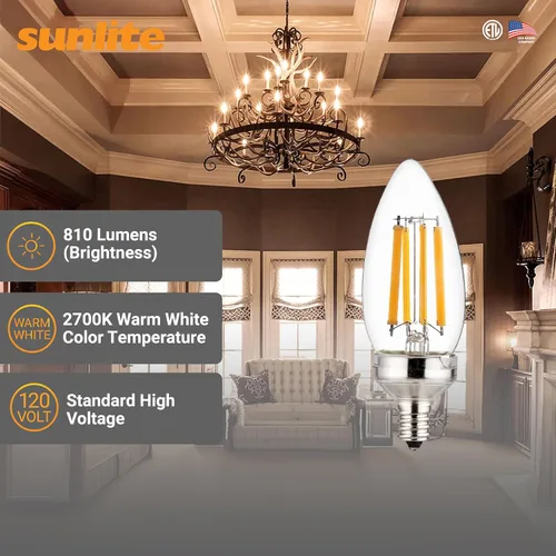 Miniatura 2 de Sunlite 81336 Bombilla LED Edison B11 con punta de torpedo, 7.5 vatios (equivalente a 60 W) 810 lúmenes, base de candelabro E12, regulable