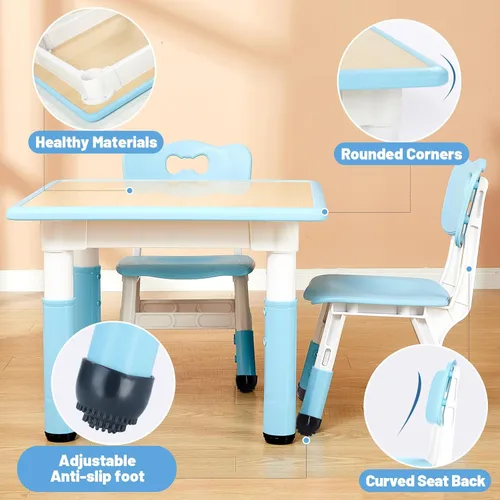 Miniatura 5 de FUNLIO Juego de mesa y 2 sillas para niños, Juego de mesa y silla ajustables en altura para niños de 3 a 8 años, Mesa fácil de limpiar para Azul