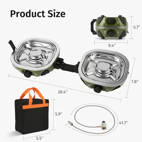 Miniatura 9 de INFOOD Estufa de camping de propano de 20,000 BTU – Estufa de gas portátil de 2 quemadores con control de llama ajustable, encendido piezoeléctrico