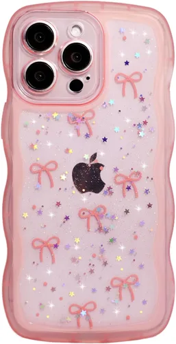 Miniatura 35 de Qokey Funda para iPhone 12 Pro Max de 6.7 pulgadas, diseño de onda rizada, borde transparente, brillante con purpurina, estrella brillante, bonita