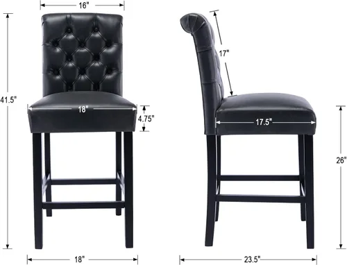 Miniatura 3 de Kmax Juego de 2 taburetes de bar de cuero copetudo, taburetes de bar de madera de mediados de siglo con respaldo para isla de cocina