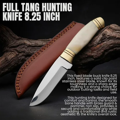 Miniatura 2 de SZCO Cuchillo de caza Full Tang de 8.25 pulgadas, elegante cuchillo de campamento con mango de hueso, hoja de acero inoxidable y funda, cuchillo