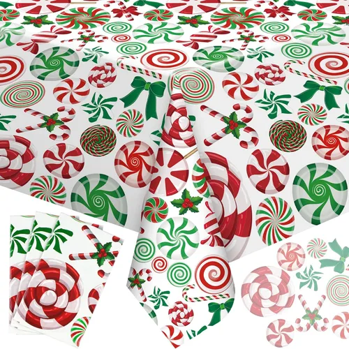Buryeah 3 manteles de plástico de Navidad rectangulares de Navidad, con bastones de caramelo, impermeables, para Navidad, vacaciones, invierno,