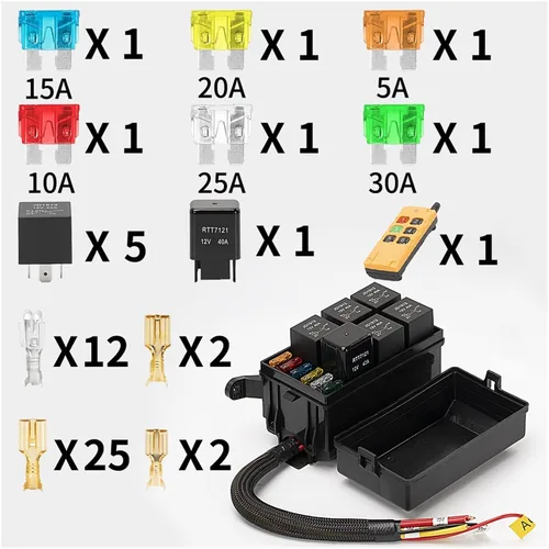 Miniatura 6 de 12 vías 12V Fusible Realy Box Car Metallic Pins Universal 6 Way Relay y 6 ranuras ATO/ATC Blade Fuse Holder con control inalámbrico