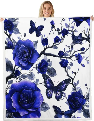 Miniatura 13 de Manta de franela azul rosa para todas las estaciones, manta de cama gótica de mariposa para decoración del hogar kawaii, manta rústica con flores