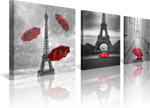 Miniatura 32 de NAN Wind 3 piezas de lienzo moderno Giclée impresiones en blanco y negro con paraguas rojos, lienzo romántico para parejas, pinturas de paisaje rojo