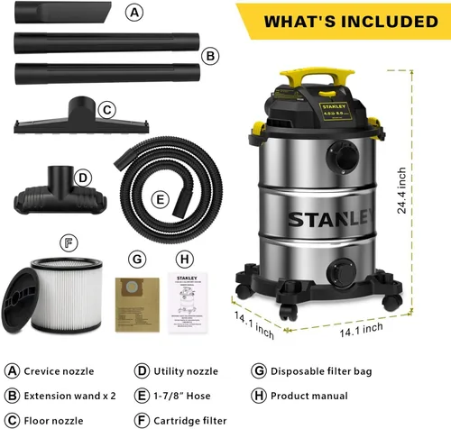 Miniatura 4 de STANLEY Aspiradora húmeda y seca de 8 galones y 4 HP Peak Shop con accesorio, SL18117